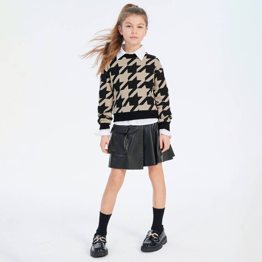 Elsy-Girls Black & Beige Houndstooth Sweatshirt | Childrensalon Outlet
