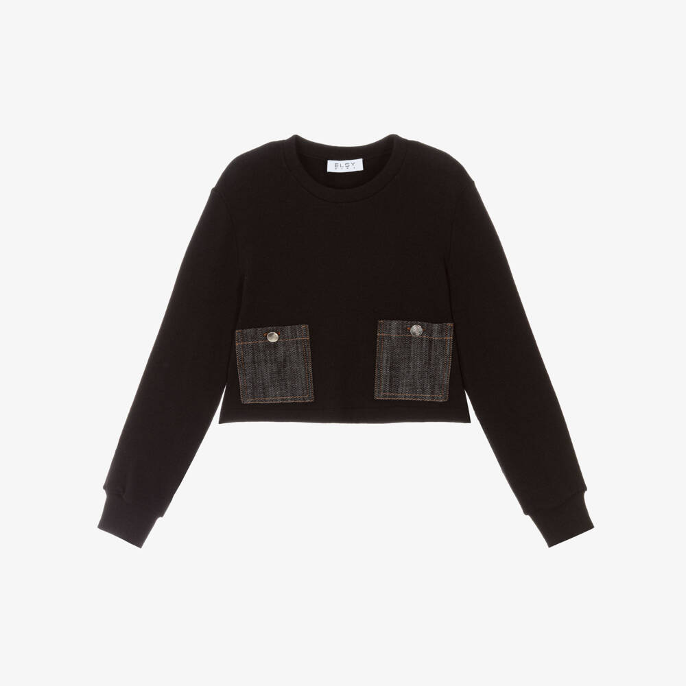 Elsy-Girls Black Cotton Sweater with Denim Pockets | Childrensalon Outlet