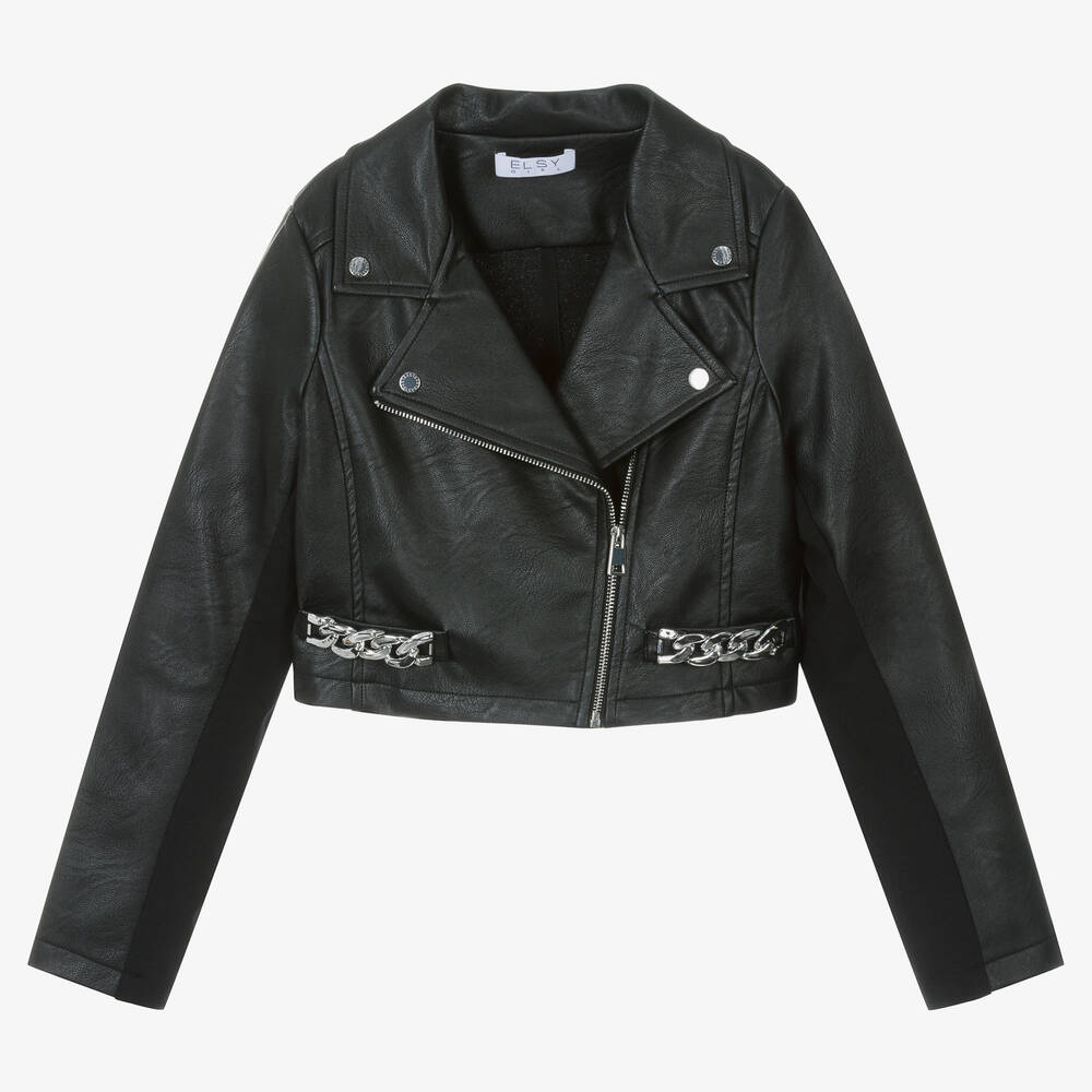 Elsy - Girls Black Faux Leather Biker Jacket | Childrensalon