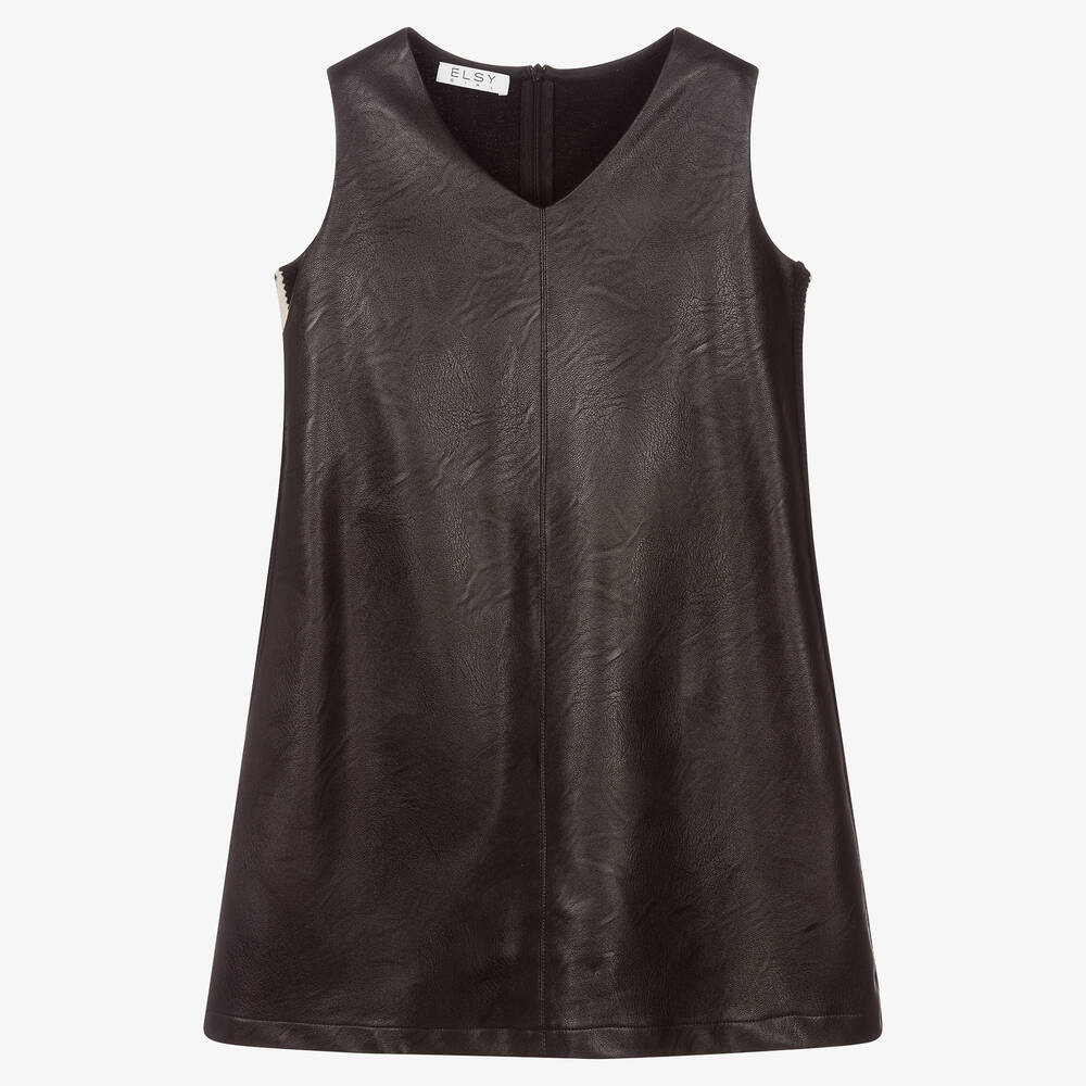 Elsy - Girls Black Faux Leather Dress | Childrensalon