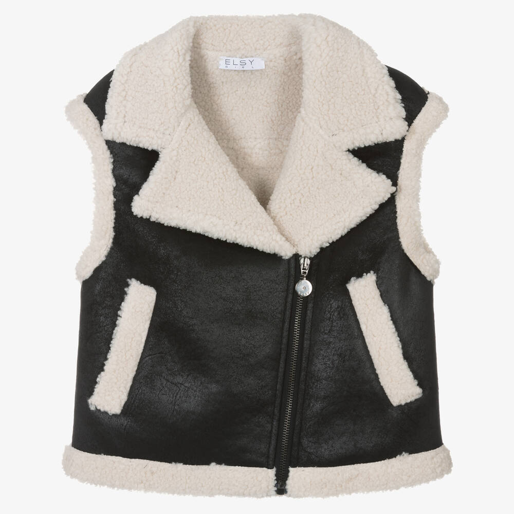 Elsy - Girls Black Faux Suede & Sherpa Gilet | Childrensalon