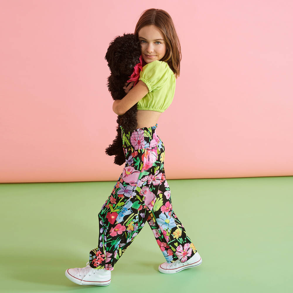 Elsy-بنطلون كريب لون أسود بطبعة ورود للبنات | Childrensalon Outlet