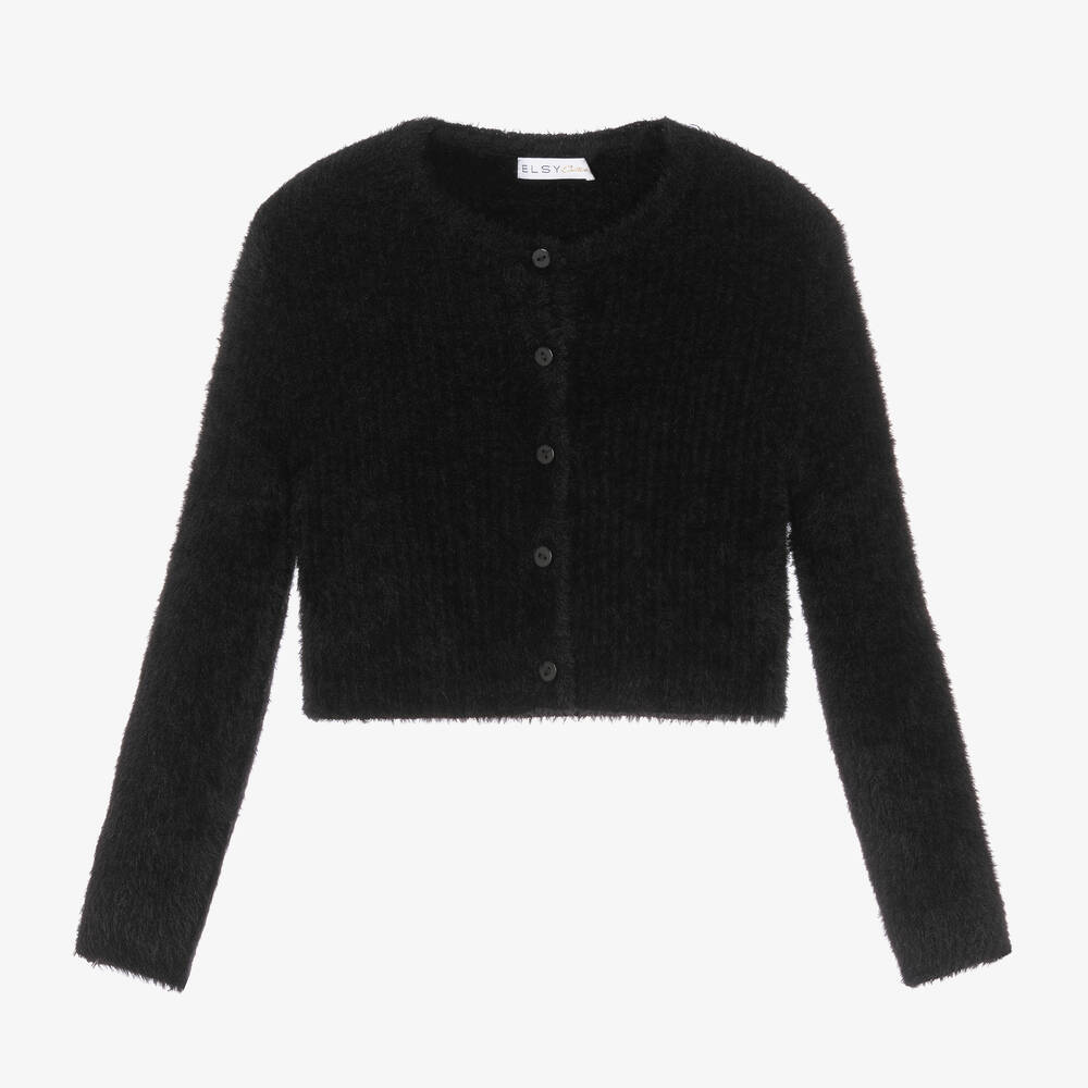 couture by Elsy - Girls Black Fluffy Knit Cropped Cardigan | Childrensalon