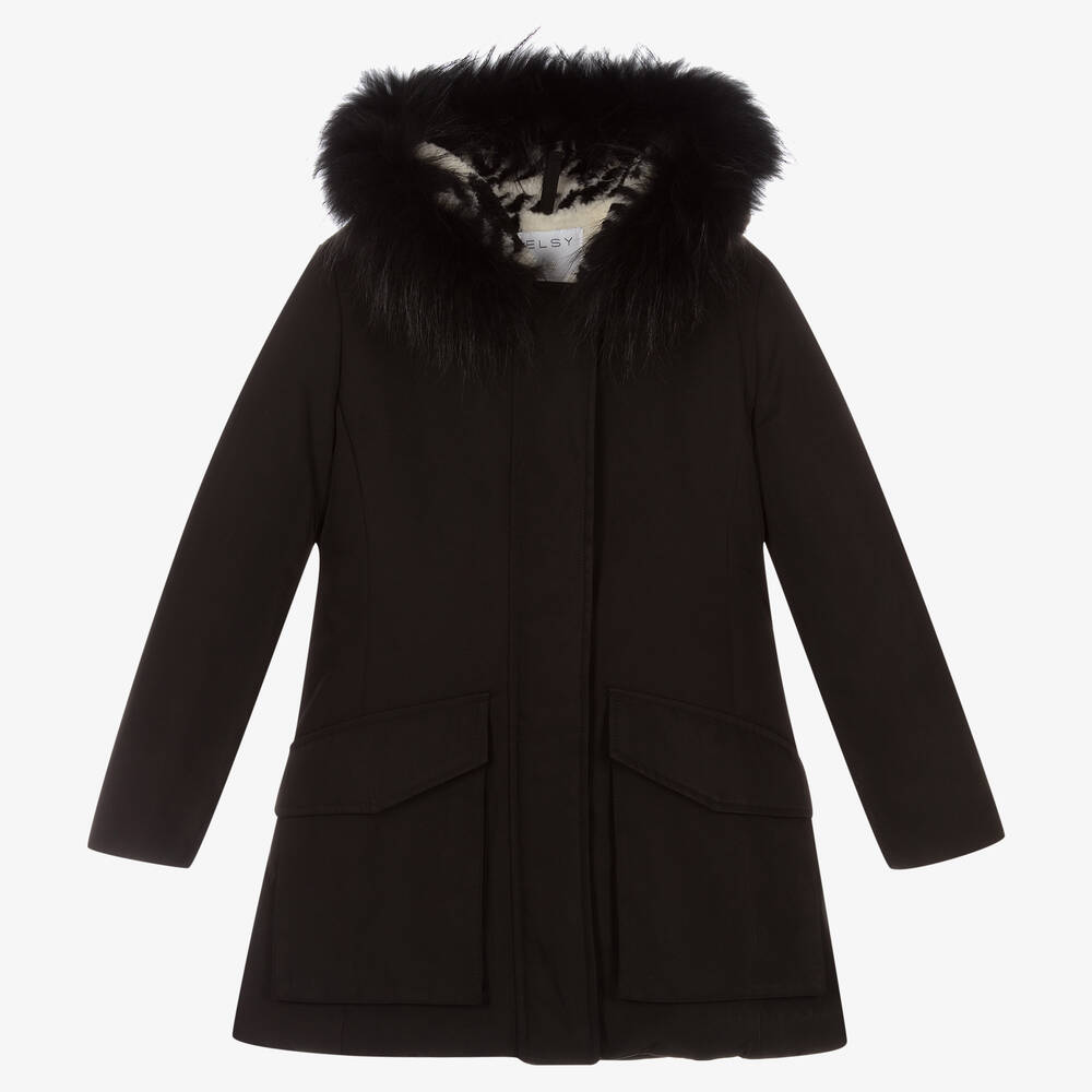 Elsy - Girls Black Hooded Coat  | Childrensalon