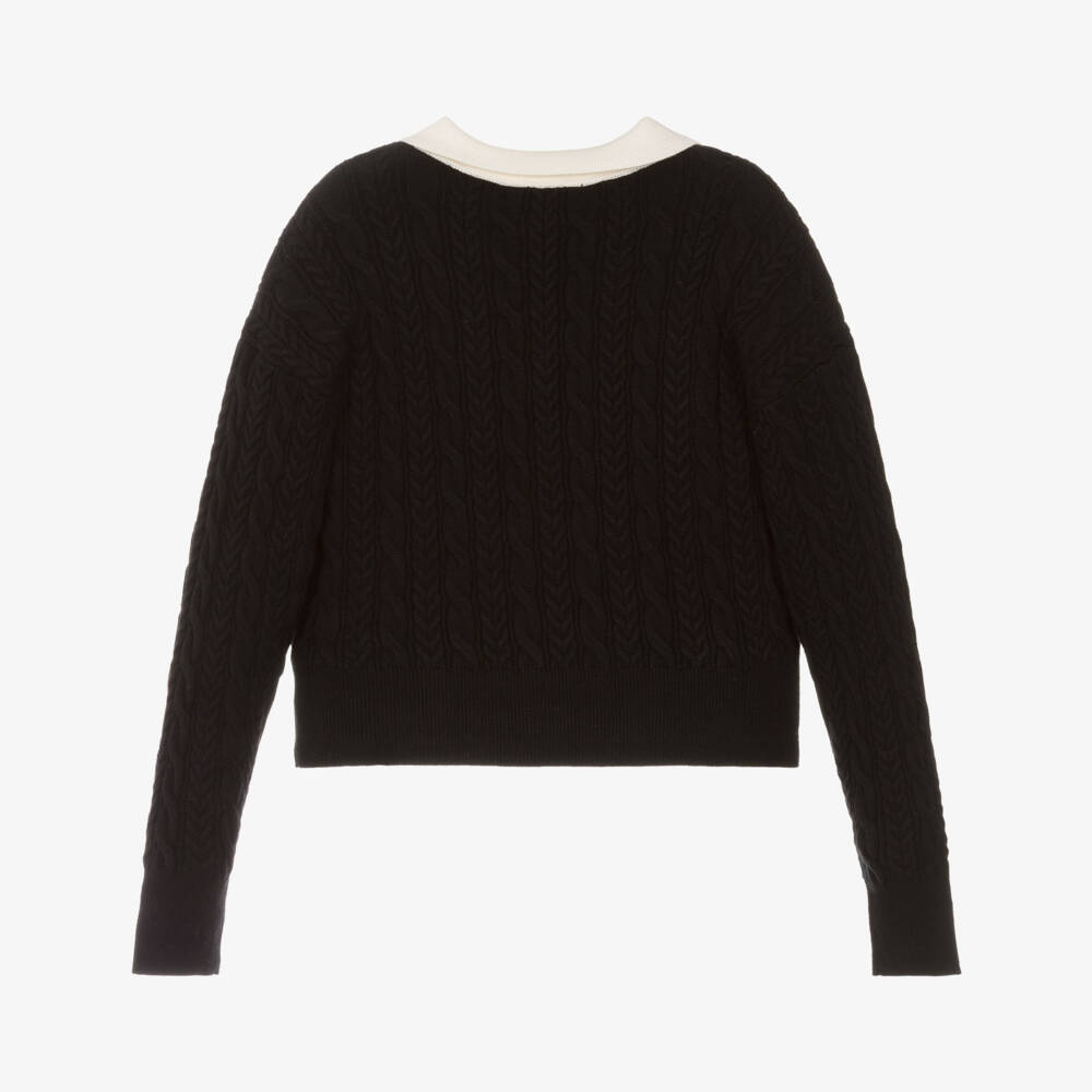 Elsy-Girls Black & Ivory Cable Knit Polo Jumper | Childrensalon Outlet