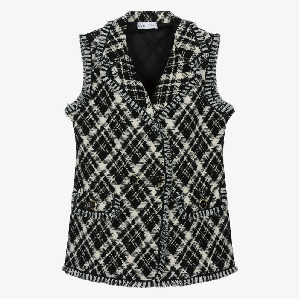 Elsy-Girls Black & Ivory Woven Check Sleeveless Blazer | Childrensalon Outlet