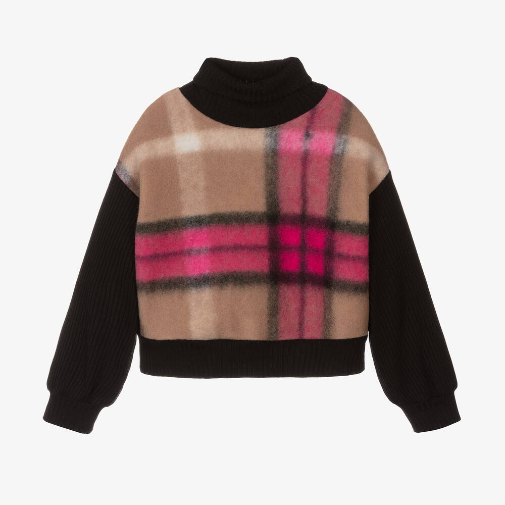 Elsy - Girls Black & Pink Check Roll Neck Sweater | Childrensalon
