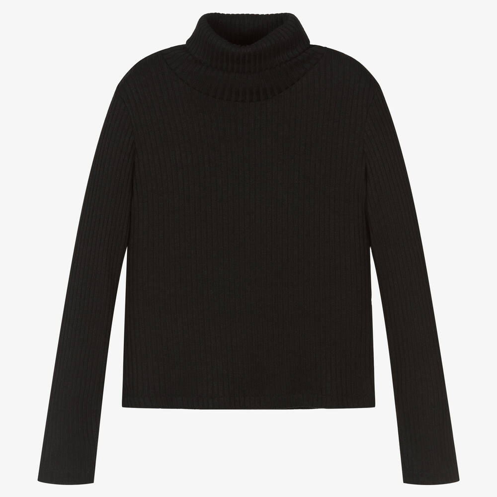 Elsy - Girls Black Ribbed Rollneck Sweater | Childrensalon