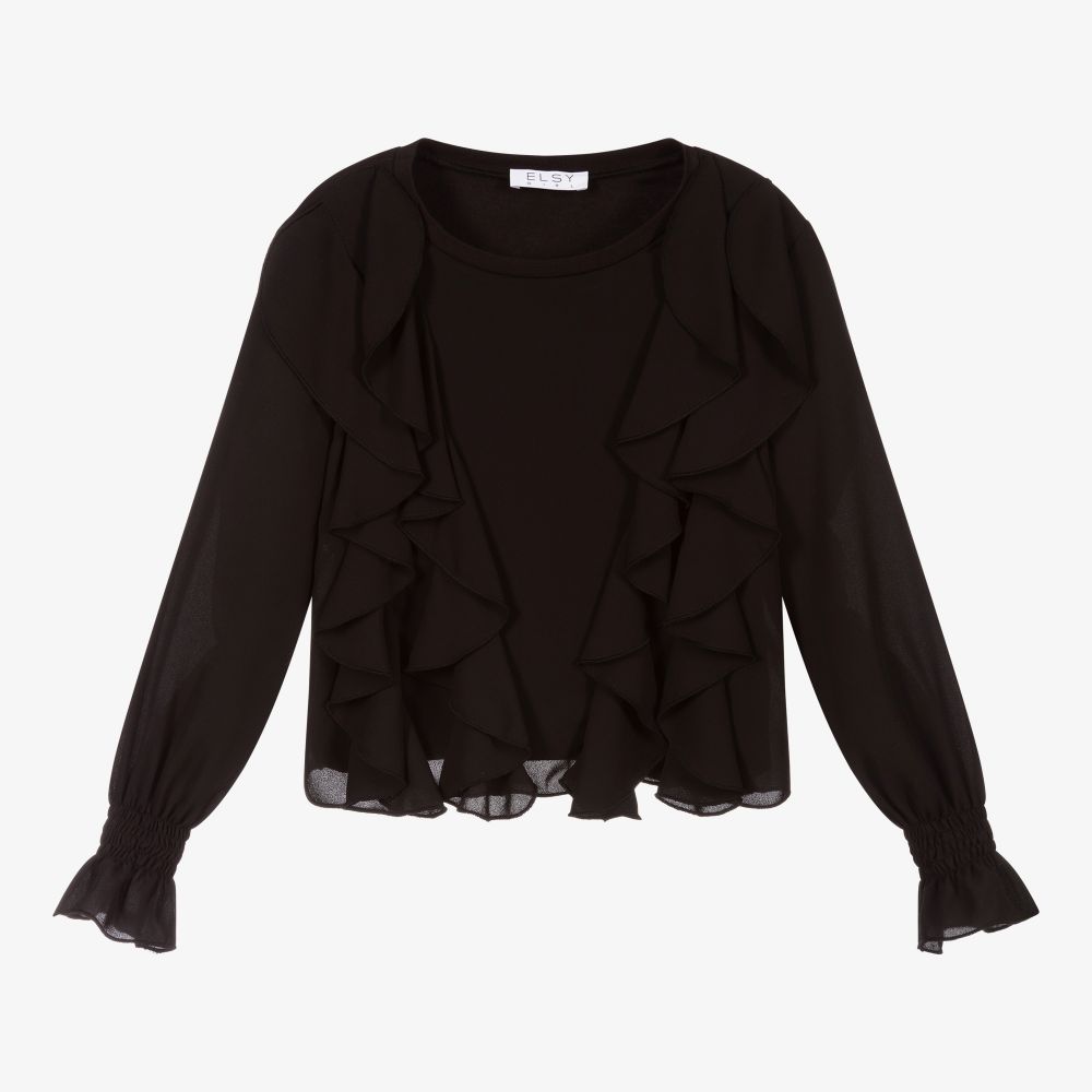 Elsy - Girls Black Ruffle Blouse | Childrensalon