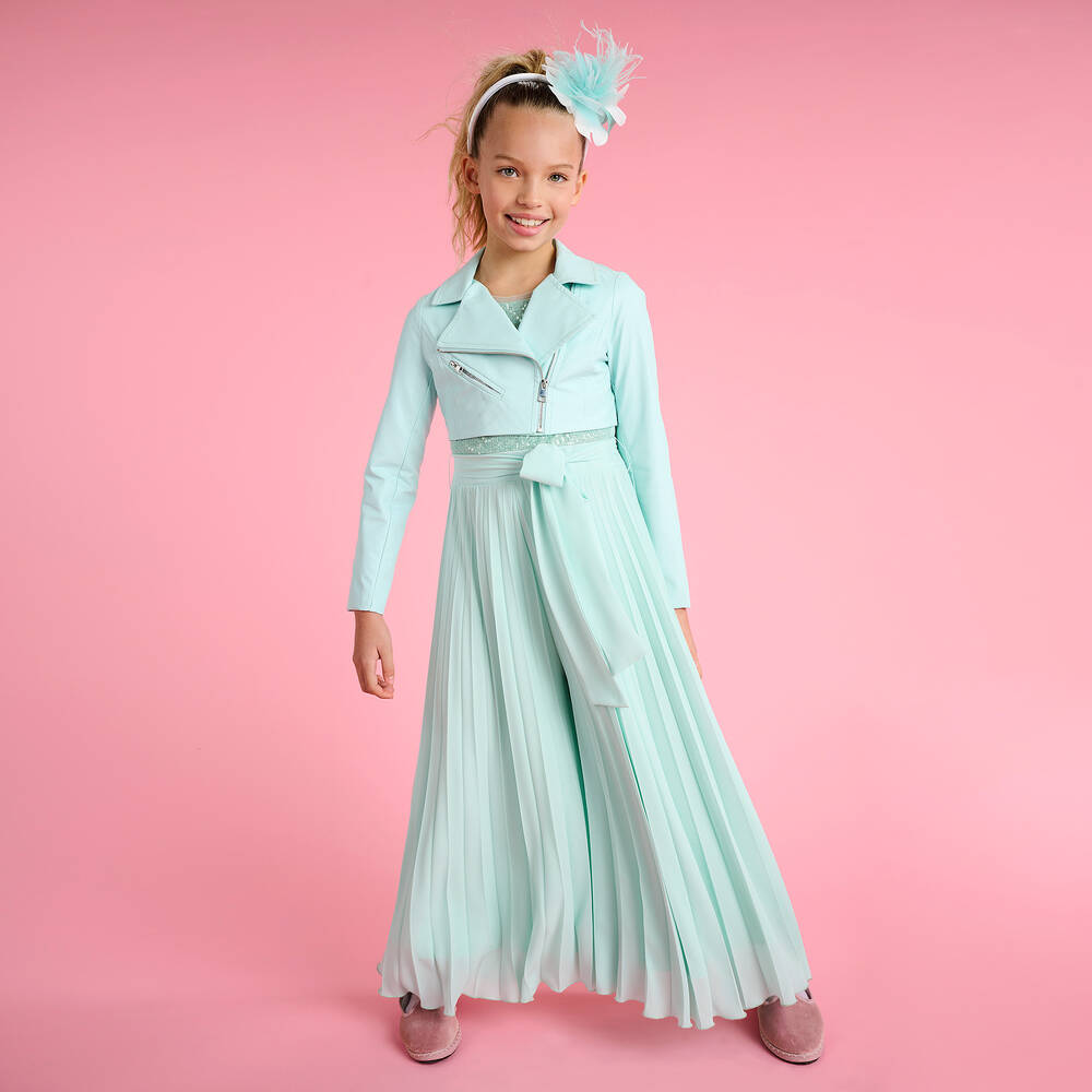 إلسي-جمبسوت كريب شيفون لون أزرق أكوا مزين بترتر | Childrensalon Outlet