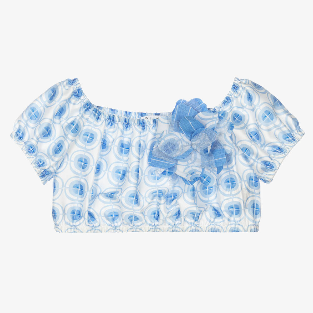 Elsy - Girls Blue Satin Bardot Blouse | Childrensalon