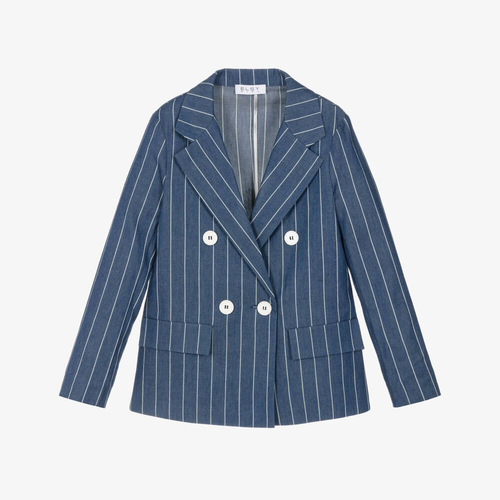 Elsy-Girls Blue & White Striped Cotton Chambray Blazer | Childrensalon Outlet