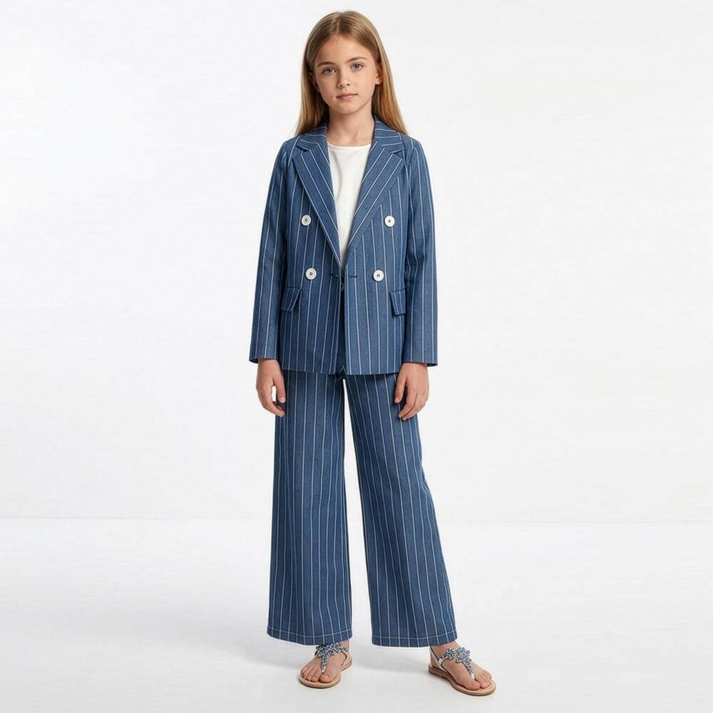 Elsy-Girls Blue & White Striped Cotton Chambray Blazer | Childrensalon Outlet