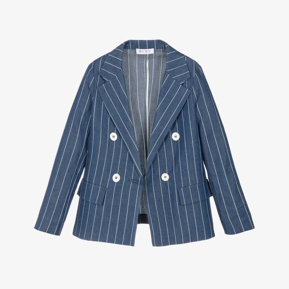 Elsy-Girls Blue & White Striped Cotton Chambray Blazer | Childrensalon Outlet