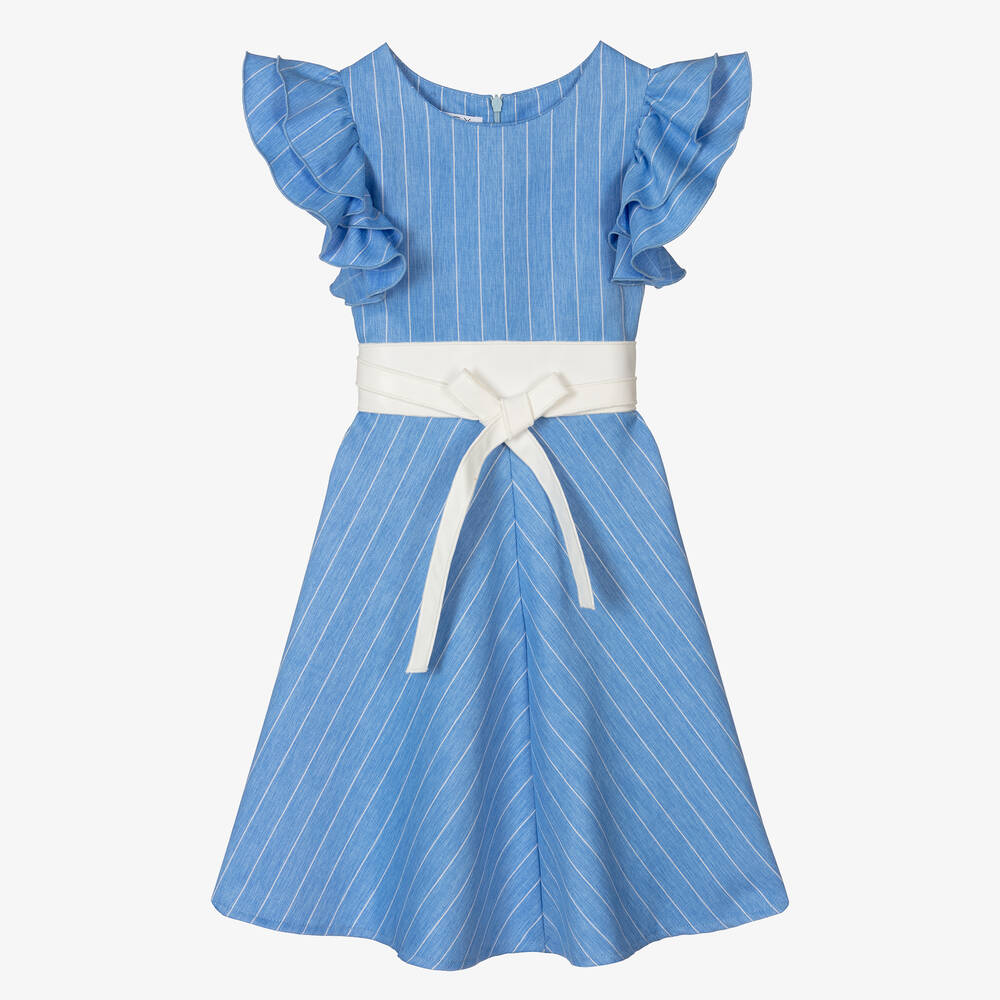Elsy - Girls Blue & White Striped Dress | Childrensalon