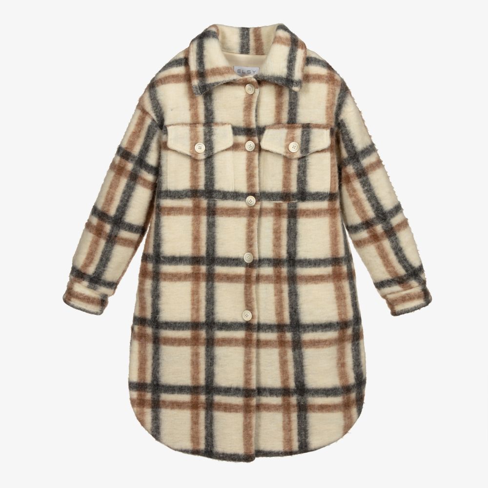Elsy - Manteau chemise ivoire à carreaux en laine mélangée | Childrensalon