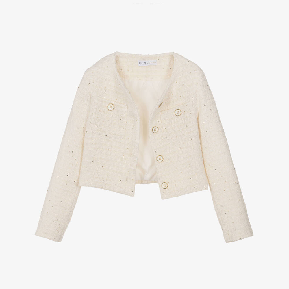 Elsy couture by-Girls Dark Ivory Sequinned Tweed Jacket | Childrensalon Outlet