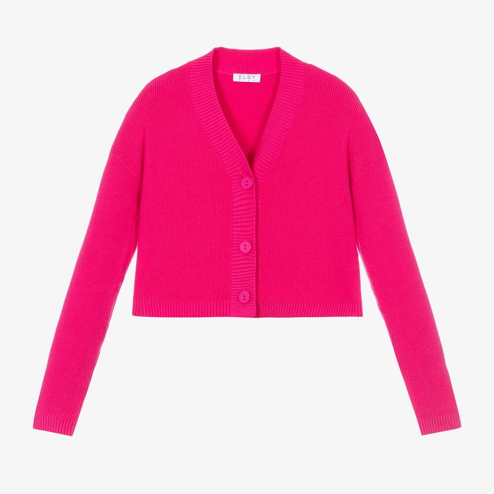 Elsy - Kurze Strickjacke in Fuchsia-Pink für Mädchen | Childrensalon