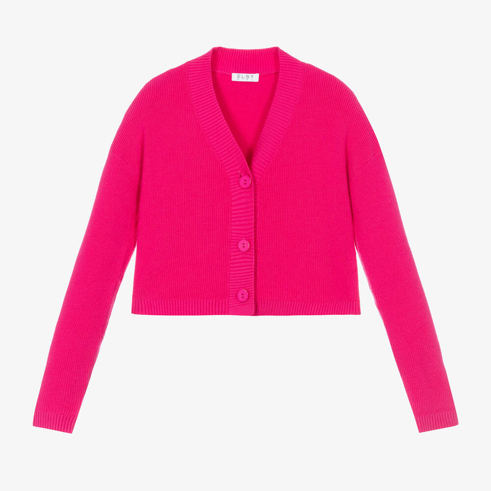 Elsy - Cardigan court fuchsia en maille | Childrensalon