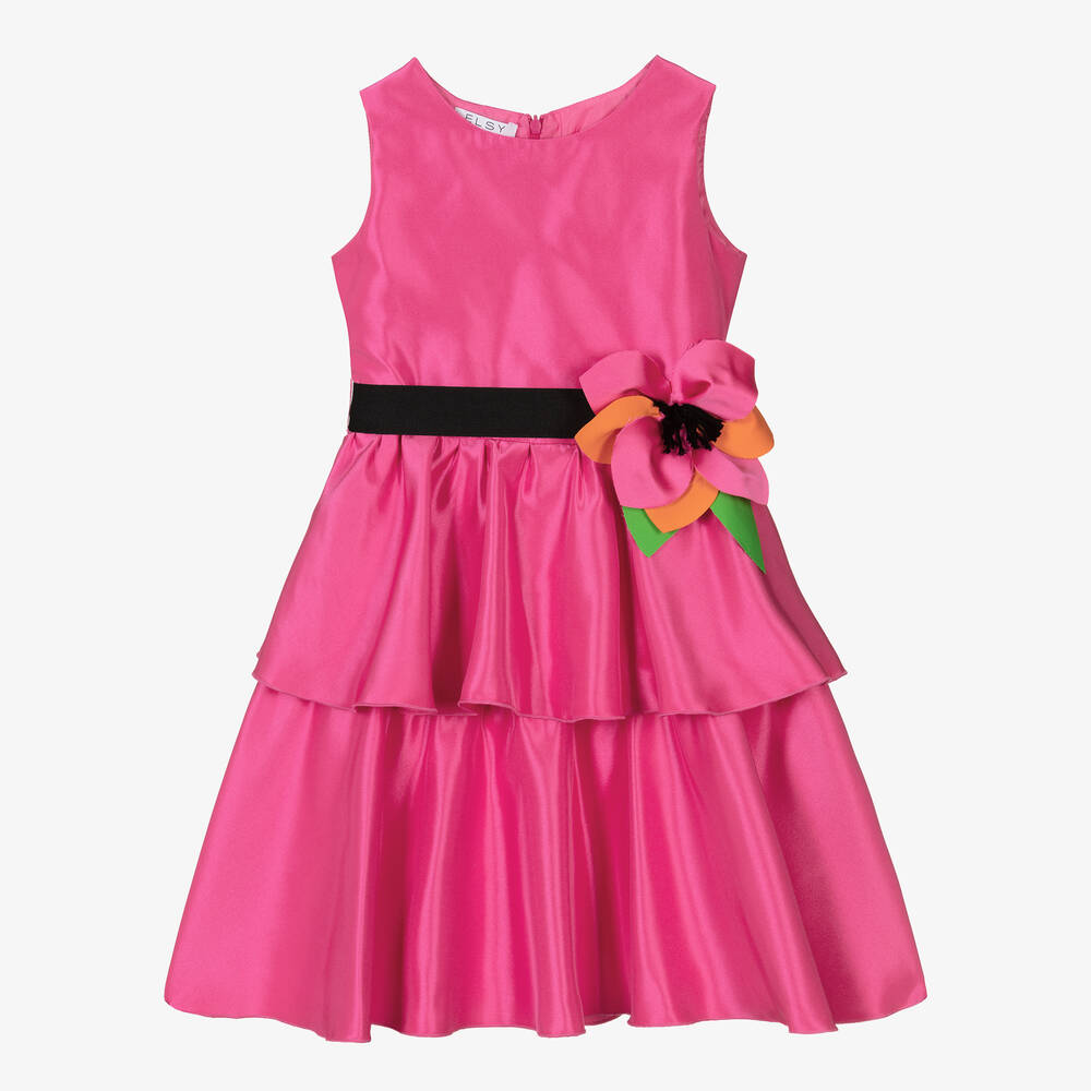 Elsy - Robe fuchsia en satin à fleur | Childrensalon