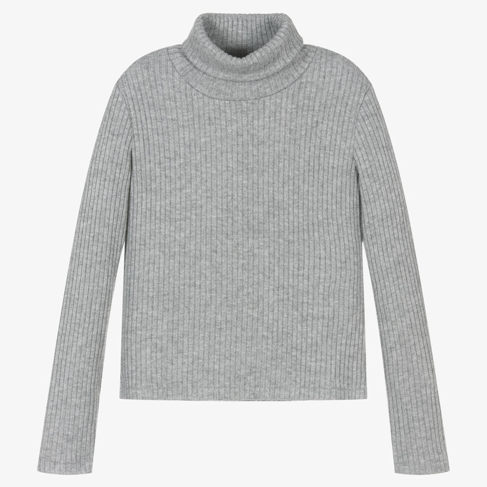 Elsy - Girls Grey Ribbed Rollneck Sweater | Childrensalon