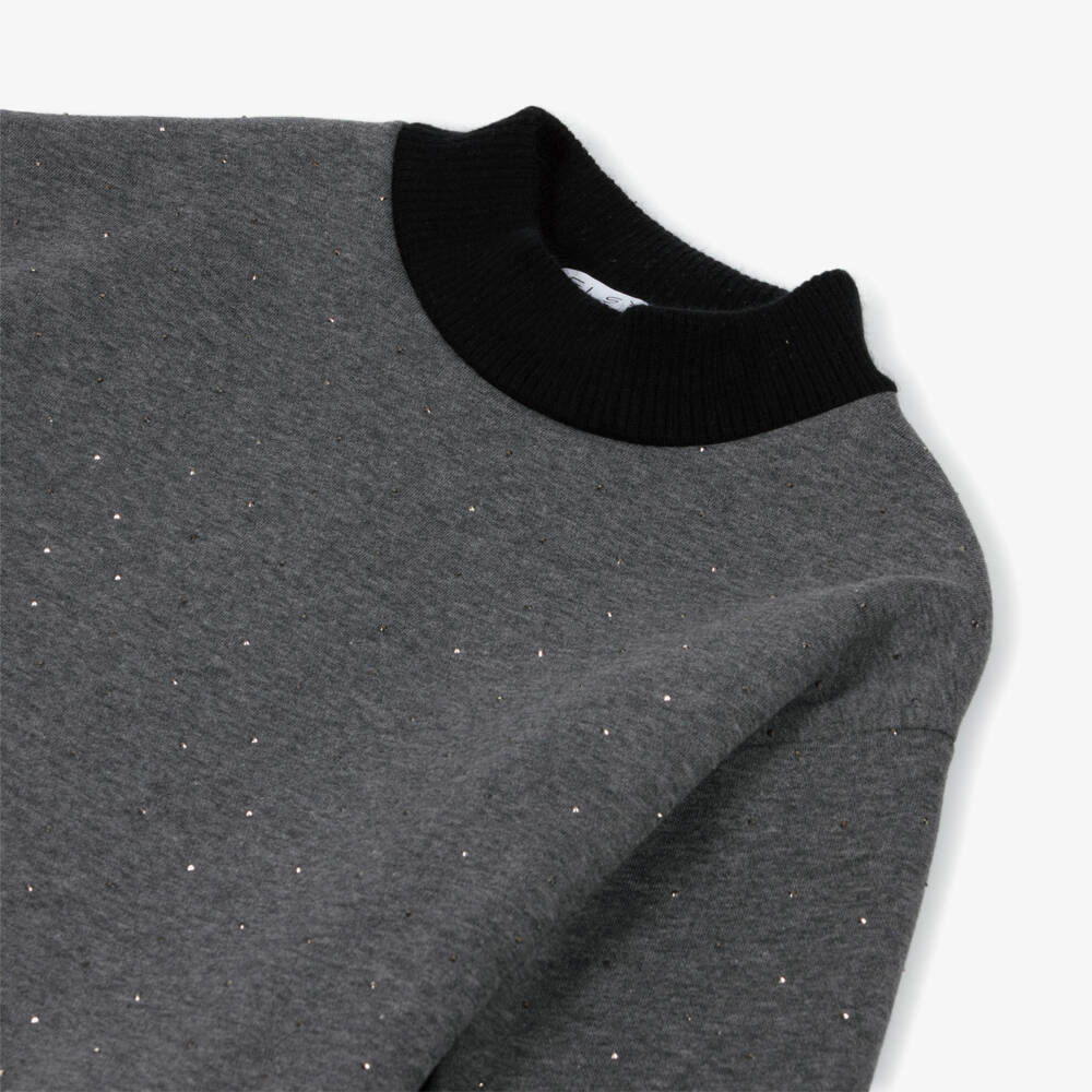 Elsy-Girls Grey Sweatshirt with Sparkly Studs & Ribbed Knit Trim | Childrensalon Outlet