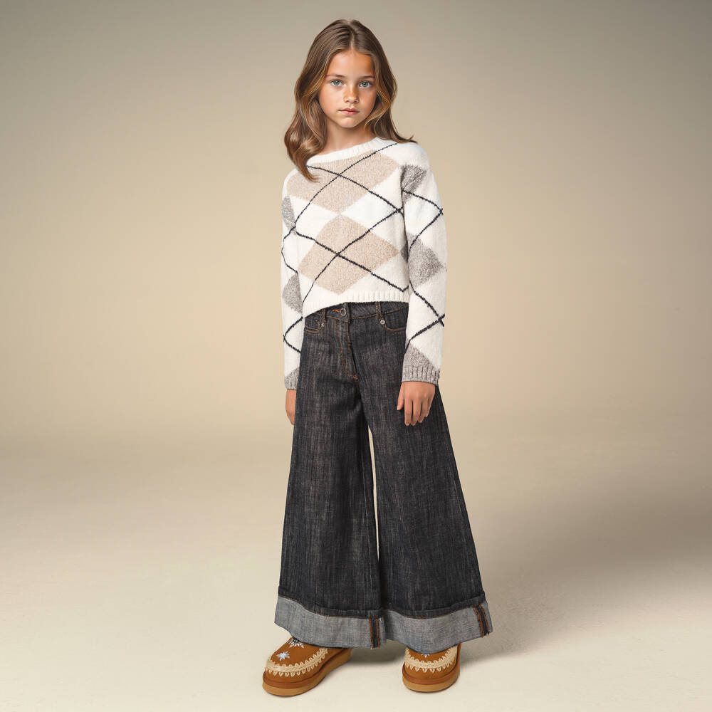Elsy-Girls Ivory Argyle Knit Pullover | Childrensalon Outlet