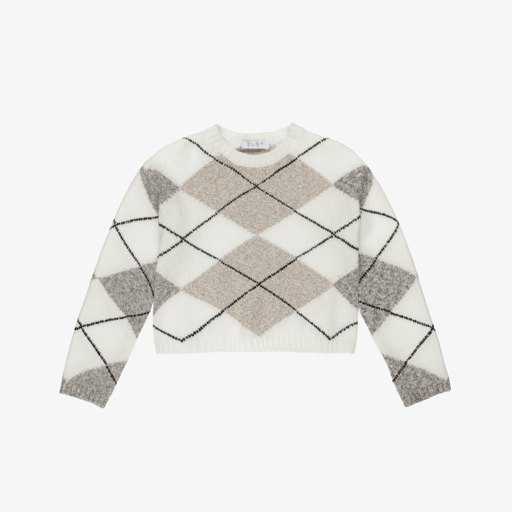 Elsy-Girls Ivory Argyle Knit Pullover | Childrensalon Outlet