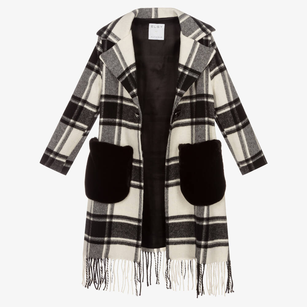 Elsy Girls Ivory Black Check Coat