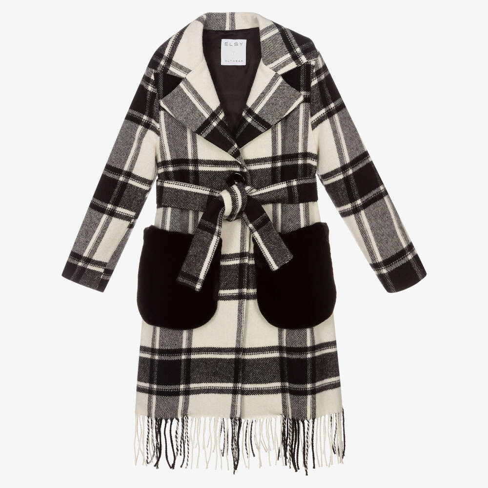 Elsy - Girls Ivory & Black Check Coat | Childrensalon