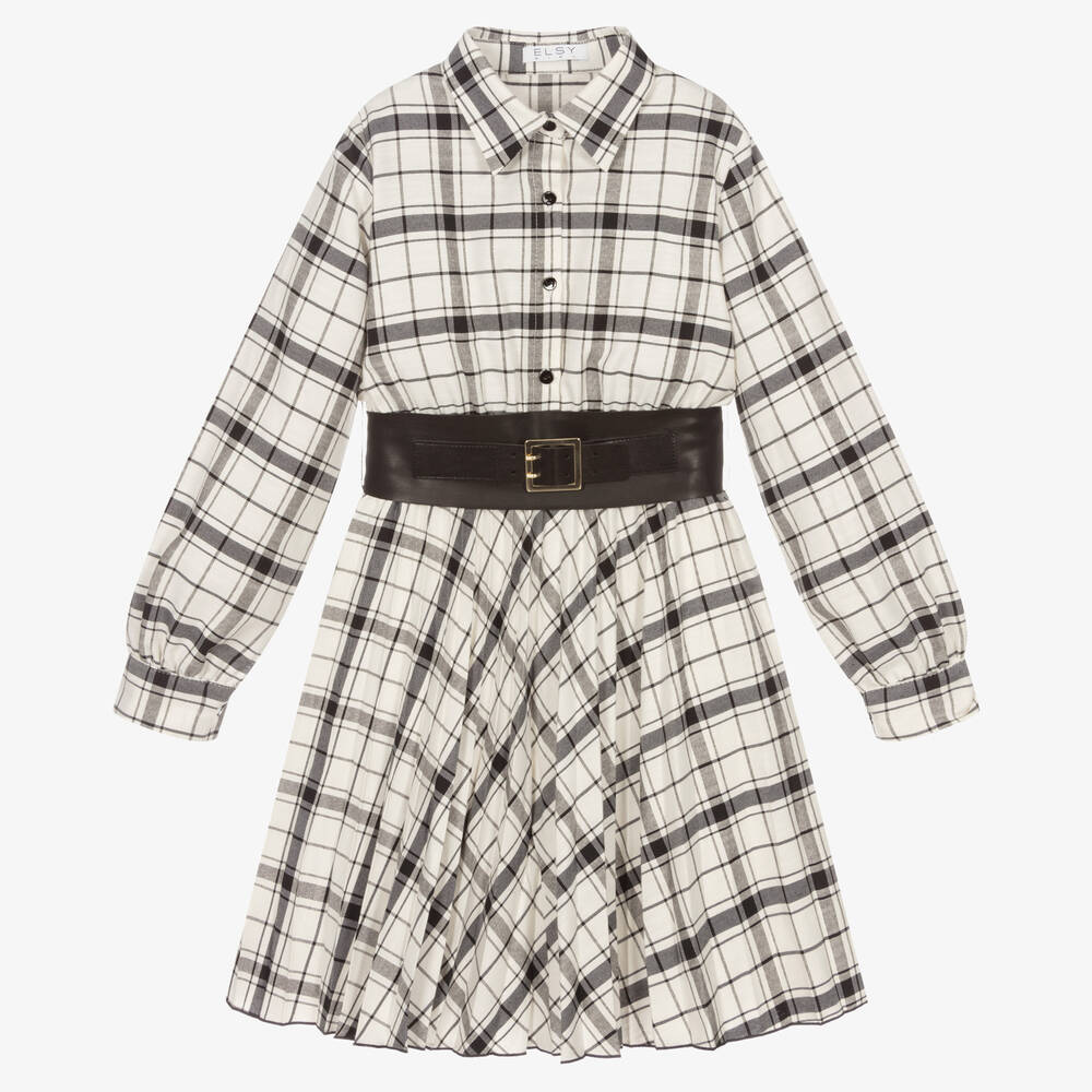 Elsy - Girls Ivory & Black Check Dress | Childrensalon