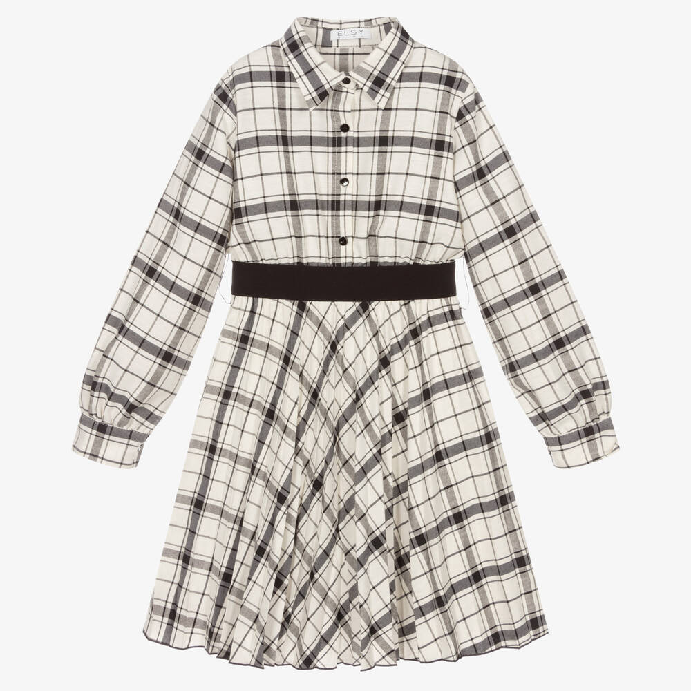 Elsy-Кремово-черное платье в клетку для девочек | Childrensalon Outlet