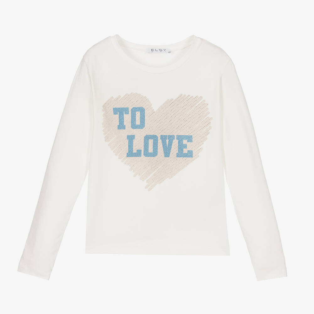 Elsy - Girls Ivory & Blue Heart Top | Childrensalon