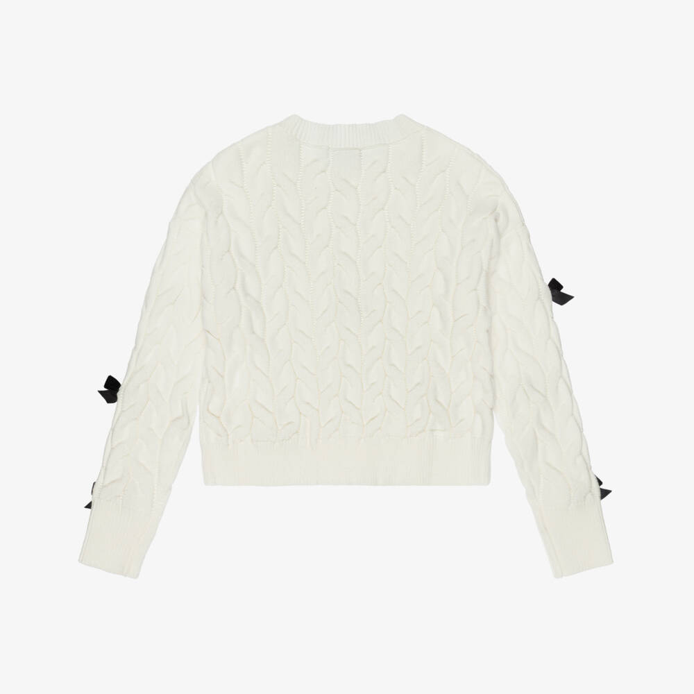 Elsy-Girls Ivory Cable Knit Jumper with Black Velvet Bows | Childrensalon Outlet