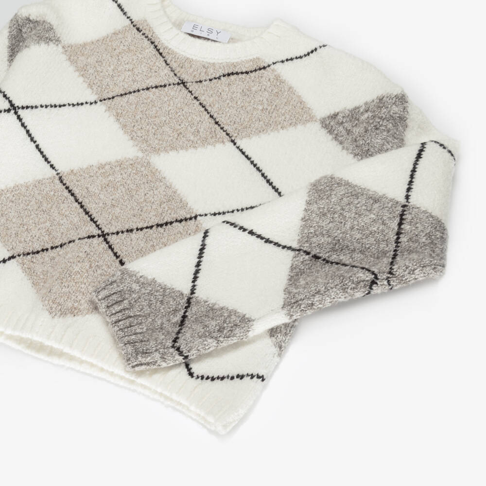 Elsy-Girls Ivory Check Cotton Mix Knitted Jumper | Childrensalon Outlet
