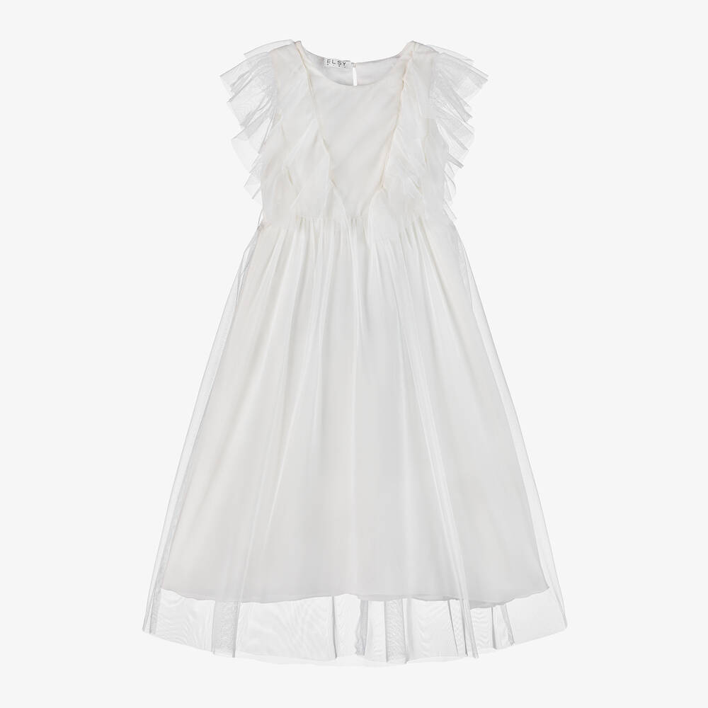 Elsy-فستان شيفون وتول لون عاجي مزين بكشكش | Childrensalon Outlet