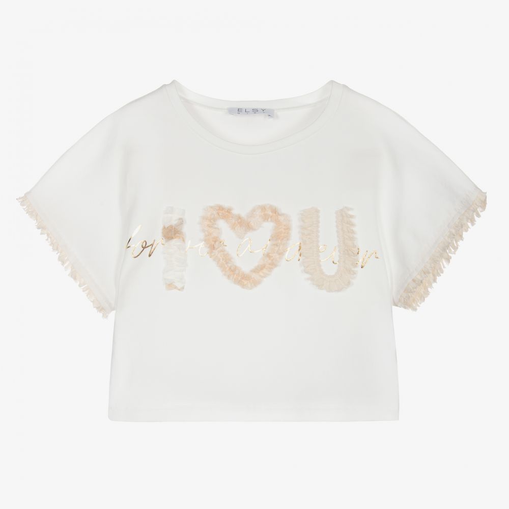Elsy - Girls Ivory Cotton T-Shirt | Childrensalon