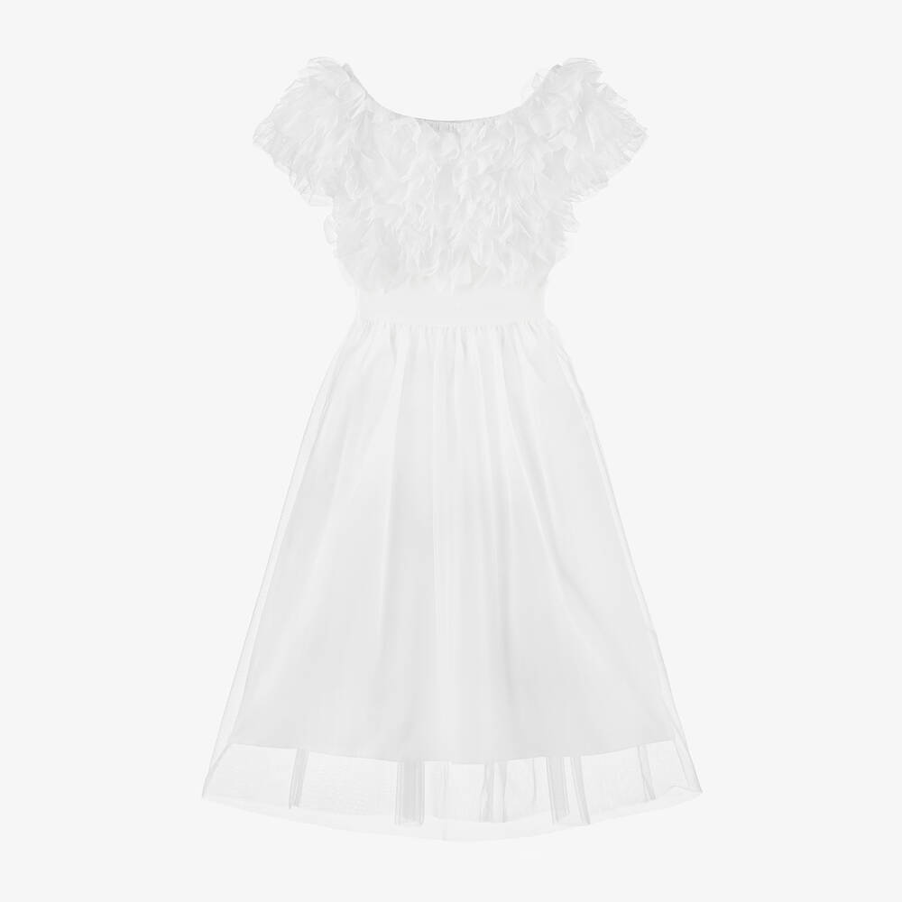 Elsy-فستان قطن وتول لون عاجي مزين بكشكش | Childrensalon Outlet