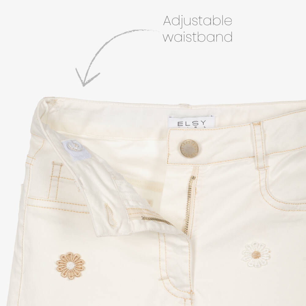 Elsy-Girls Ivory Denim Flower Jeans | Childrensalon Outlet