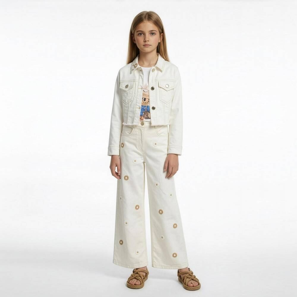 Elsy-Girls Ivory Denim Flower Jeans | Childrensalon Outlet