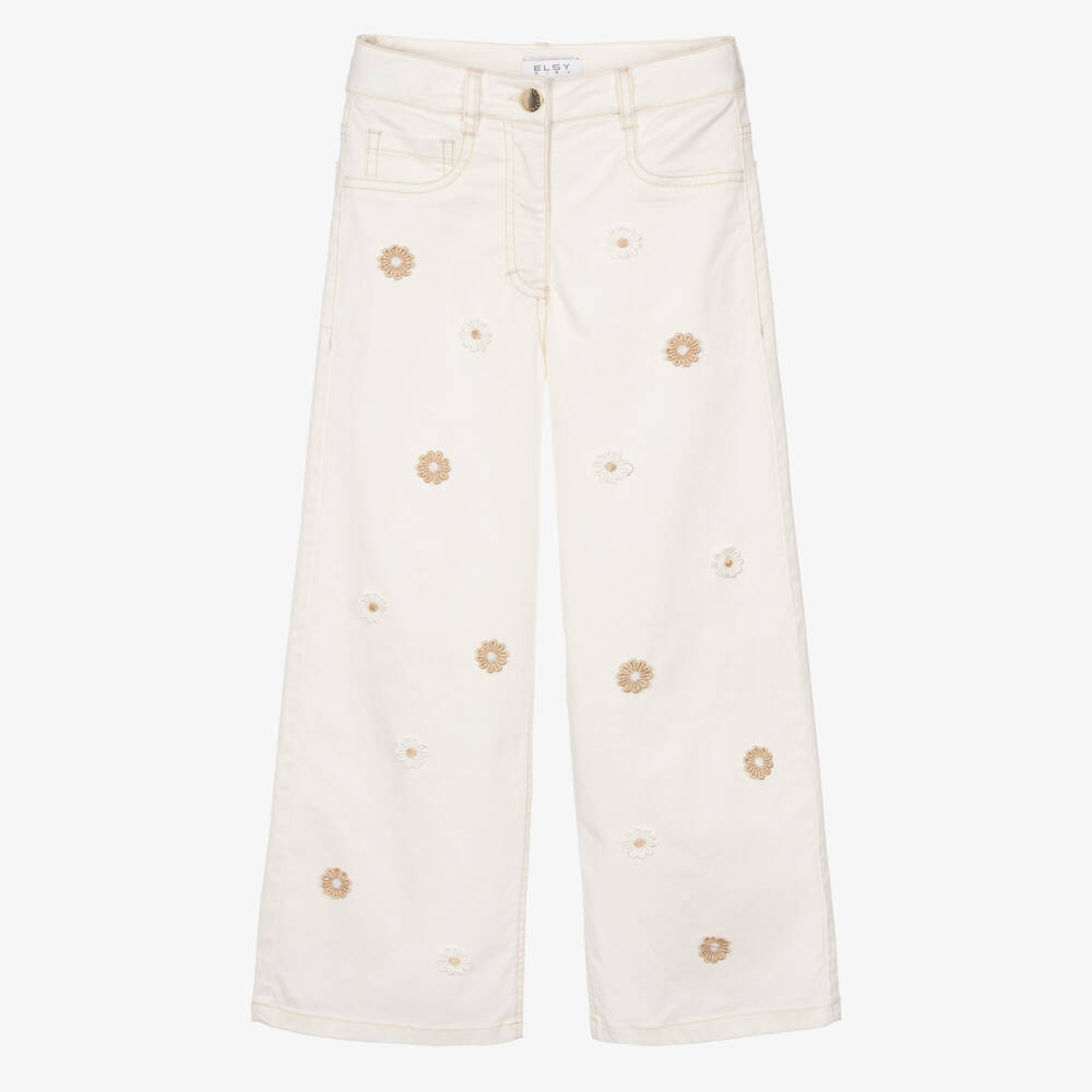 Elsy-Girls Ivory Denim Flower Jeans | Childrensalon Outlet