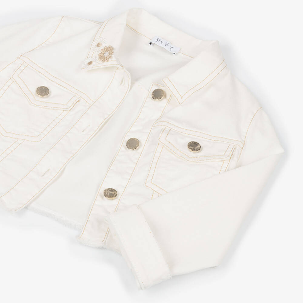 Elsy-Girls Ivory Denim Jacket with Flower Collar | Childrensalon Outlet
