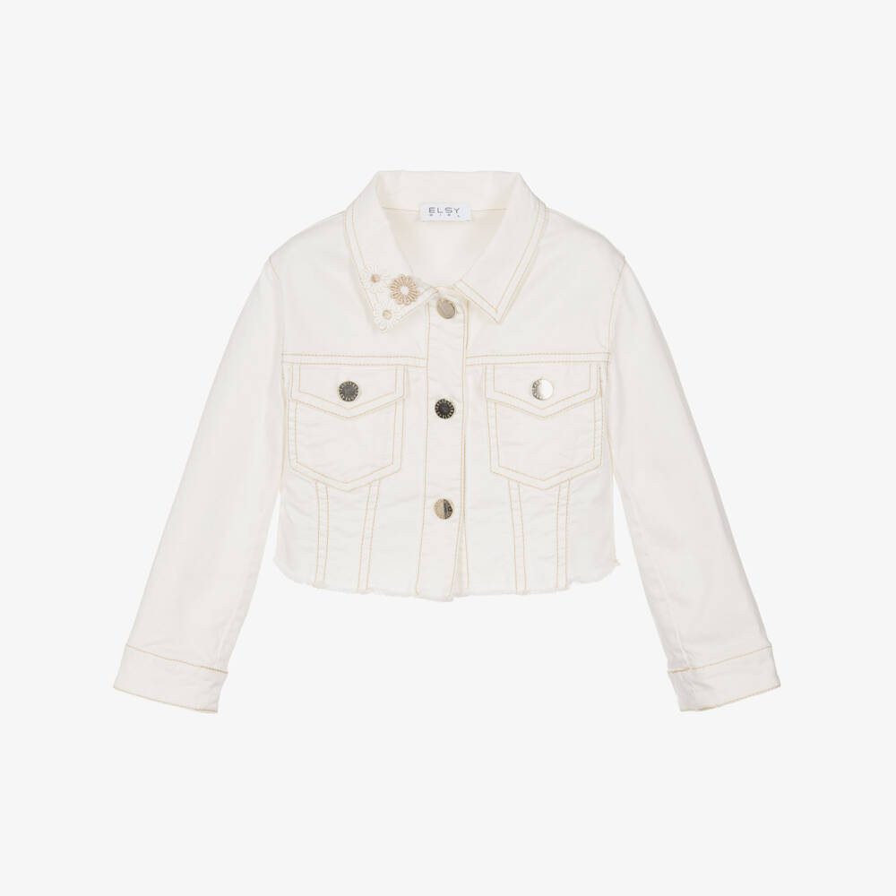 Elsy-Girls Ivory Denim Jacket with Flower Collar | Childrensalon Outlet