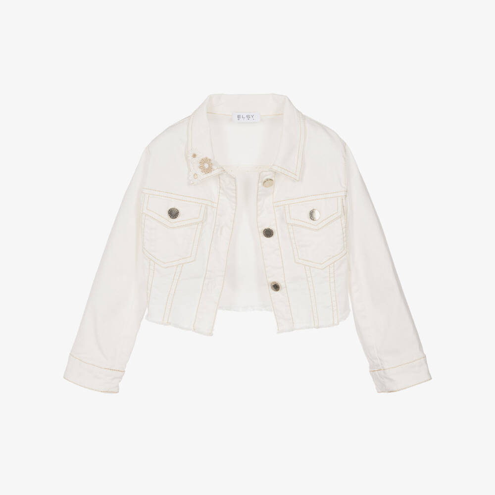Elsy-Girls Ivory Denim Jacket with Flower Collar | Childrensalon Outlet
