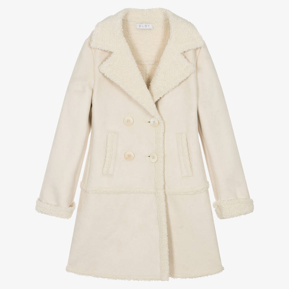 Elsy - Girls Ivory Faux Suede Coat | Childrensalon