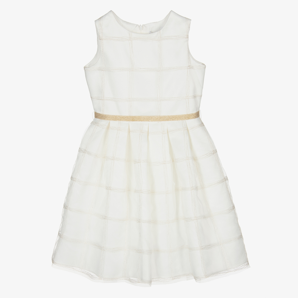 Elsy - Girls Ivory & Gold Check Dress | Childrensalon