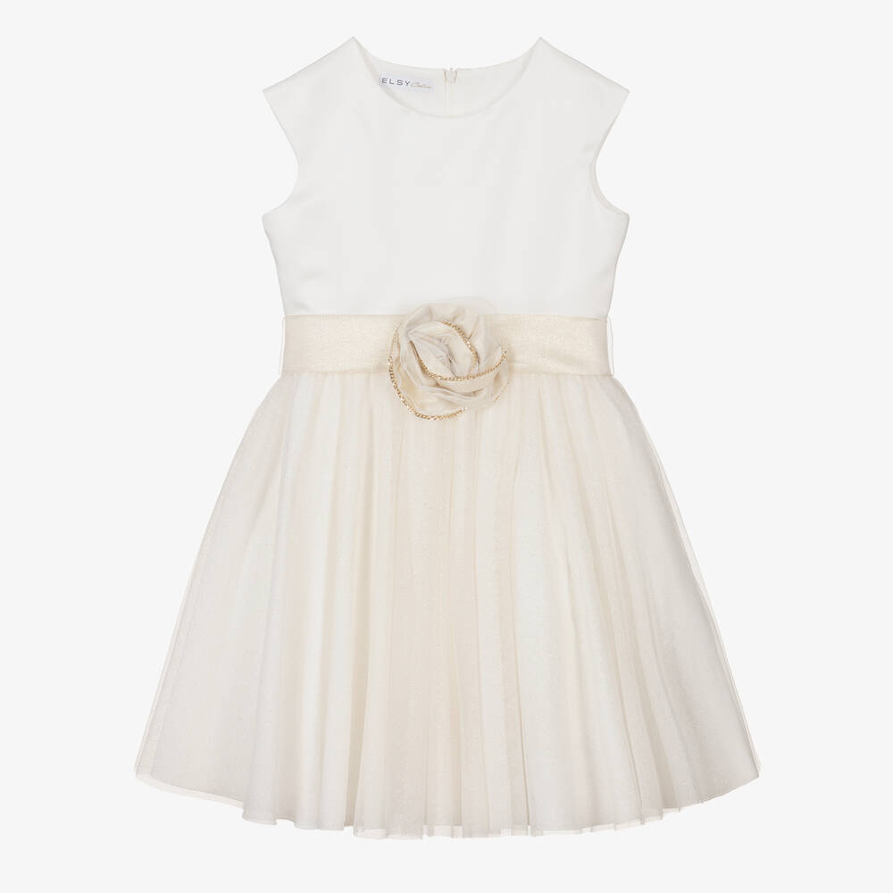 Elsy - Robe ivoire et dorée en tulle fille | Childrensalon