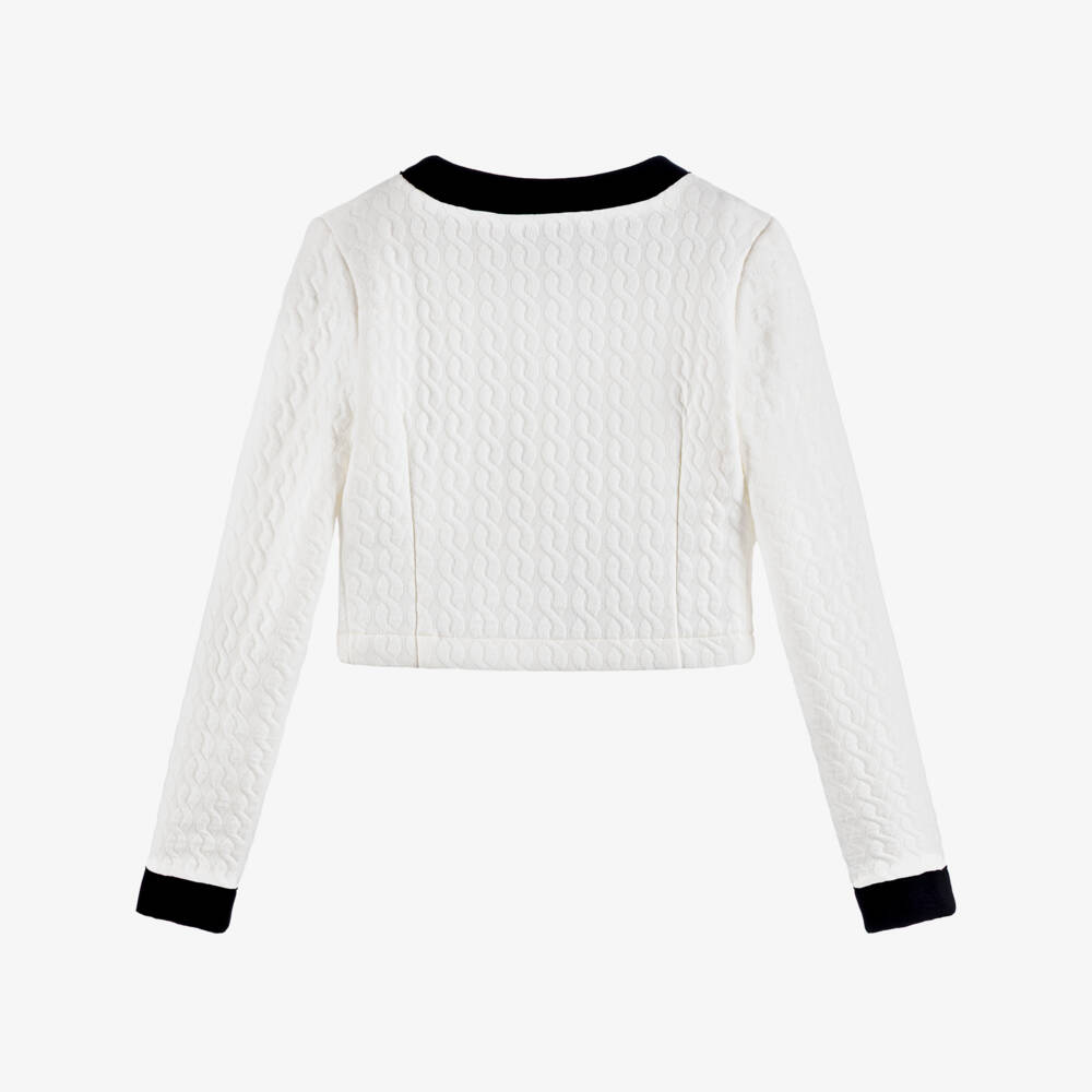 Elsy-Girls Ivory Textured Jersey Cardigan with Black Trim | Childrensalon Outlet