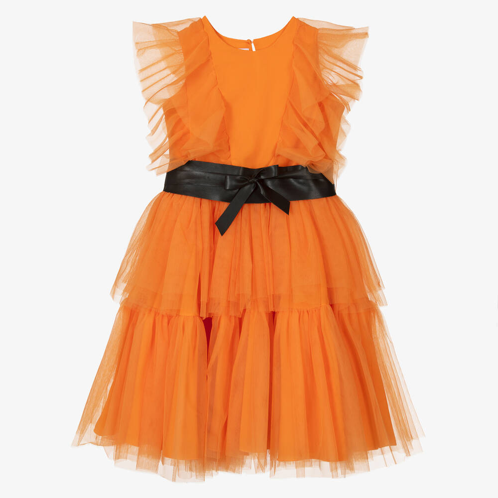 Elsy - فستان كريب وتول لون أسود وبرتقالي | Childrensalon