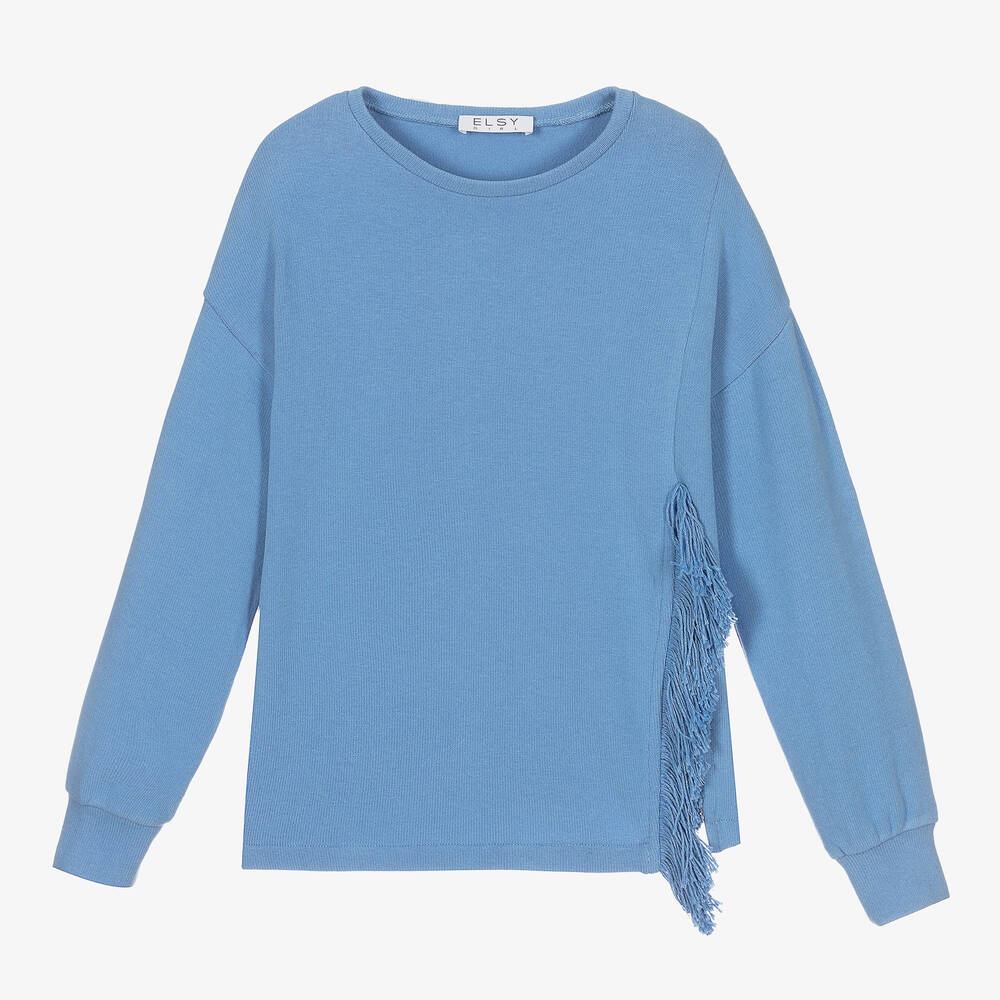 Elsy - Girls Pale Blue Fringe Sweater | Childrensalon